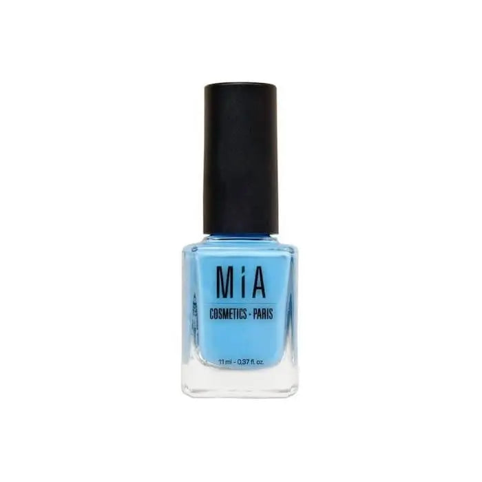 Jag Couture London - New York Mía Cosmetics Aqua Blue nail polish bottle with vibrant blue color and sleek design.