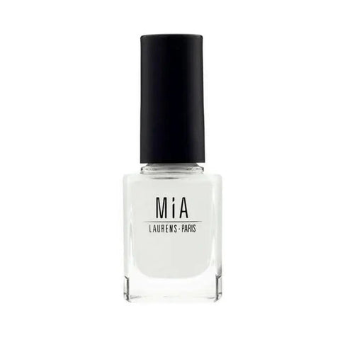 Bottle of Mía Cosmetics Cotton White nail polish by Jag Couture London and New York, with the white cap and clear glass container.