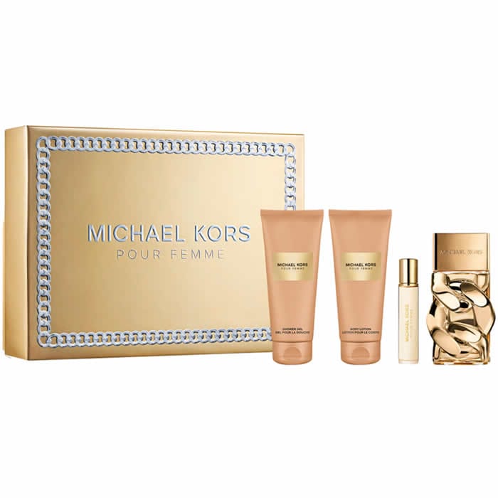 Michael Kors Pour Femme Eau de Parfum spray set with four 100ml bottles, featuring elegant packaging and stylish perfume design.