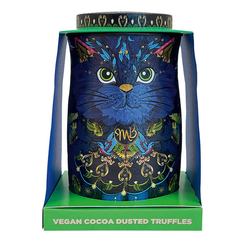Midnight Prince cocoa dusted truffles in a decorative tin, premium cat-themed packaging by Jag Couture London New York.