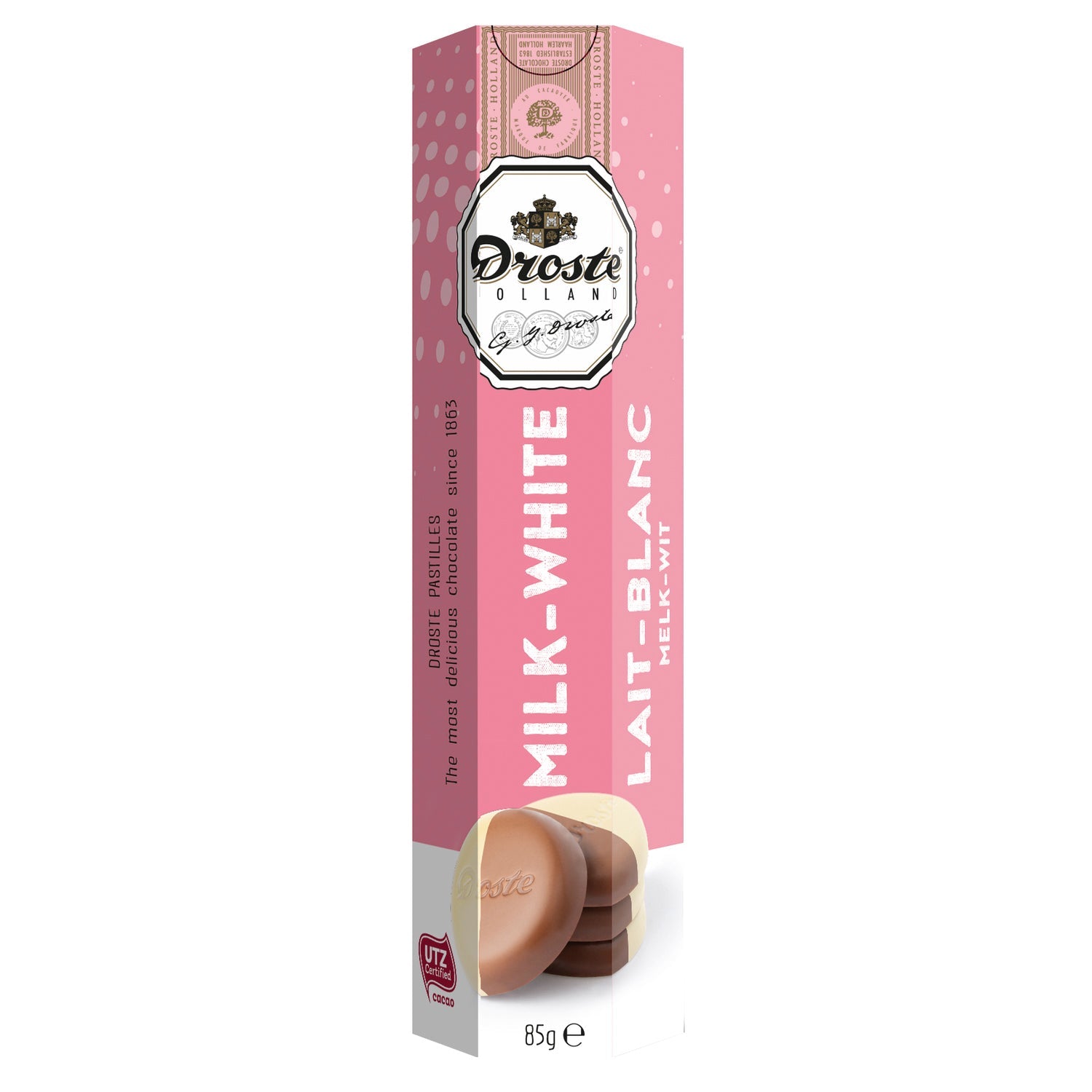Milk and white chocolate pastilles in a tube, by Jag Couture London - New York, shown in a close-up image.