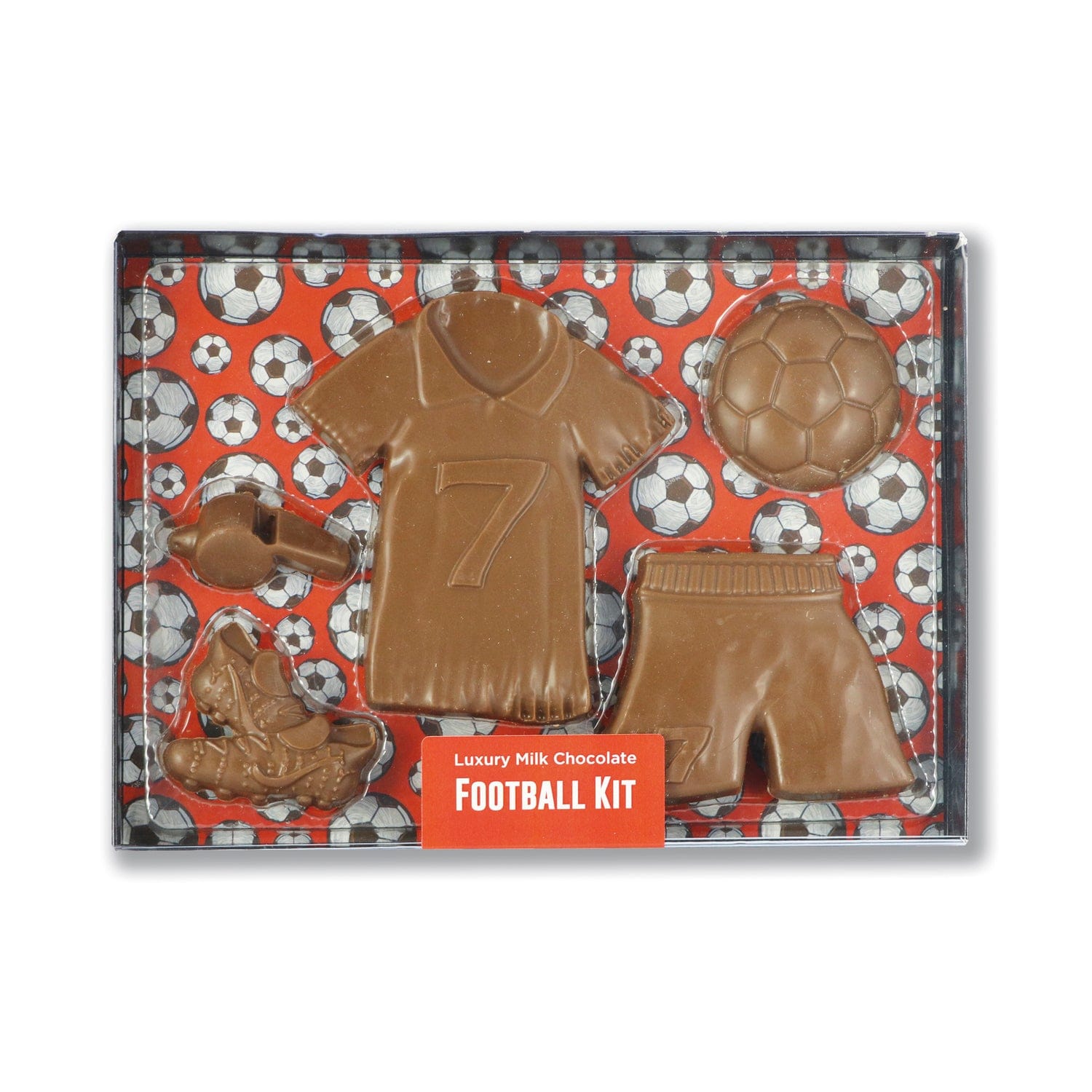 Milk chocolate football kit by Jag Couture London in a black gift box with clear lid, detailed chocolate football and accessories inside.