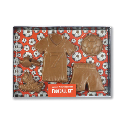 Milk chocolate football kit by Jag Couture London in a black gift box with clear lid, detailed chocolate football and accessories inside.