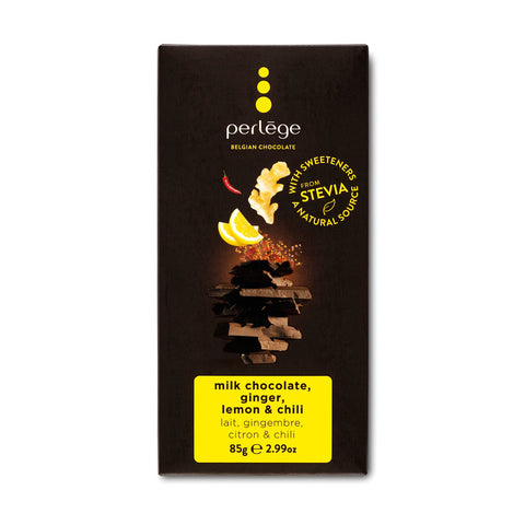 Milk chocolate tablet with ginger, lemon, and chili by Jag Couture London - New York, showing the textured chocolate bar with ingredients.