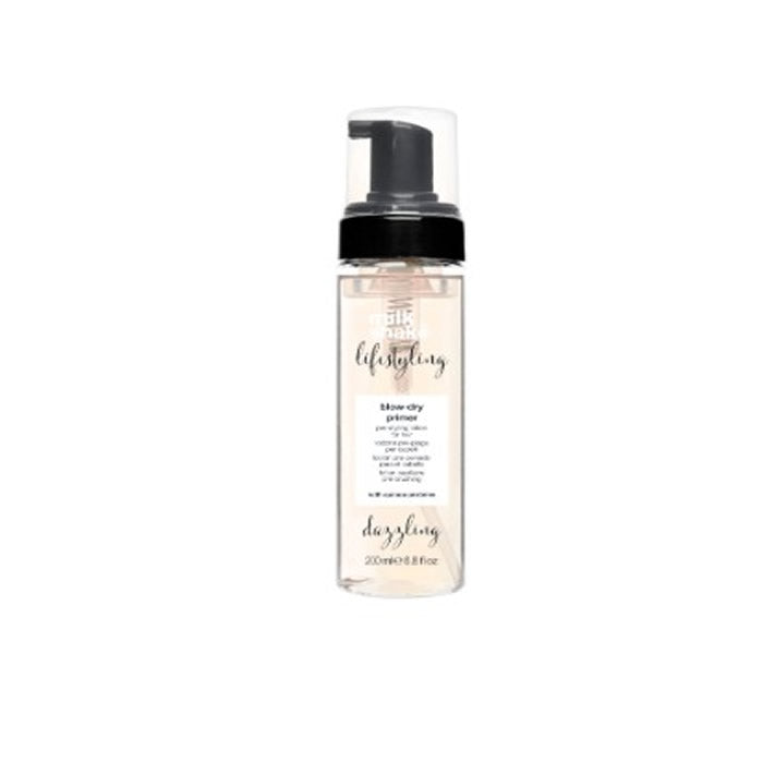 Jag Couture London Milk Shake Lifestyling Blow-Dry Primer 200ml bottle, white and silver packaging with a pump dispenser.