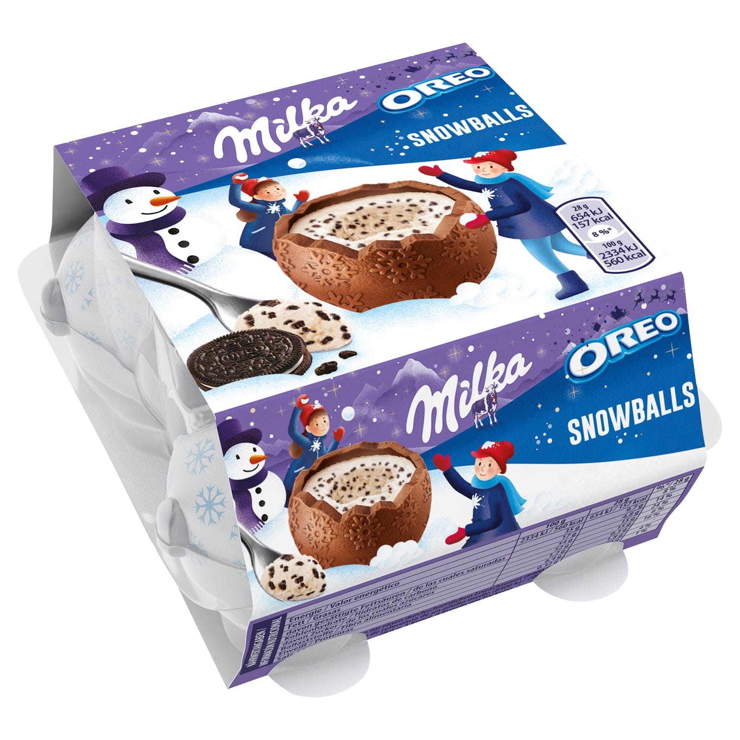 Milka milk chocolate snowballs with Oreo crème filling in a 4-pack, featuring chocolate-coated treats with creamy filling.
