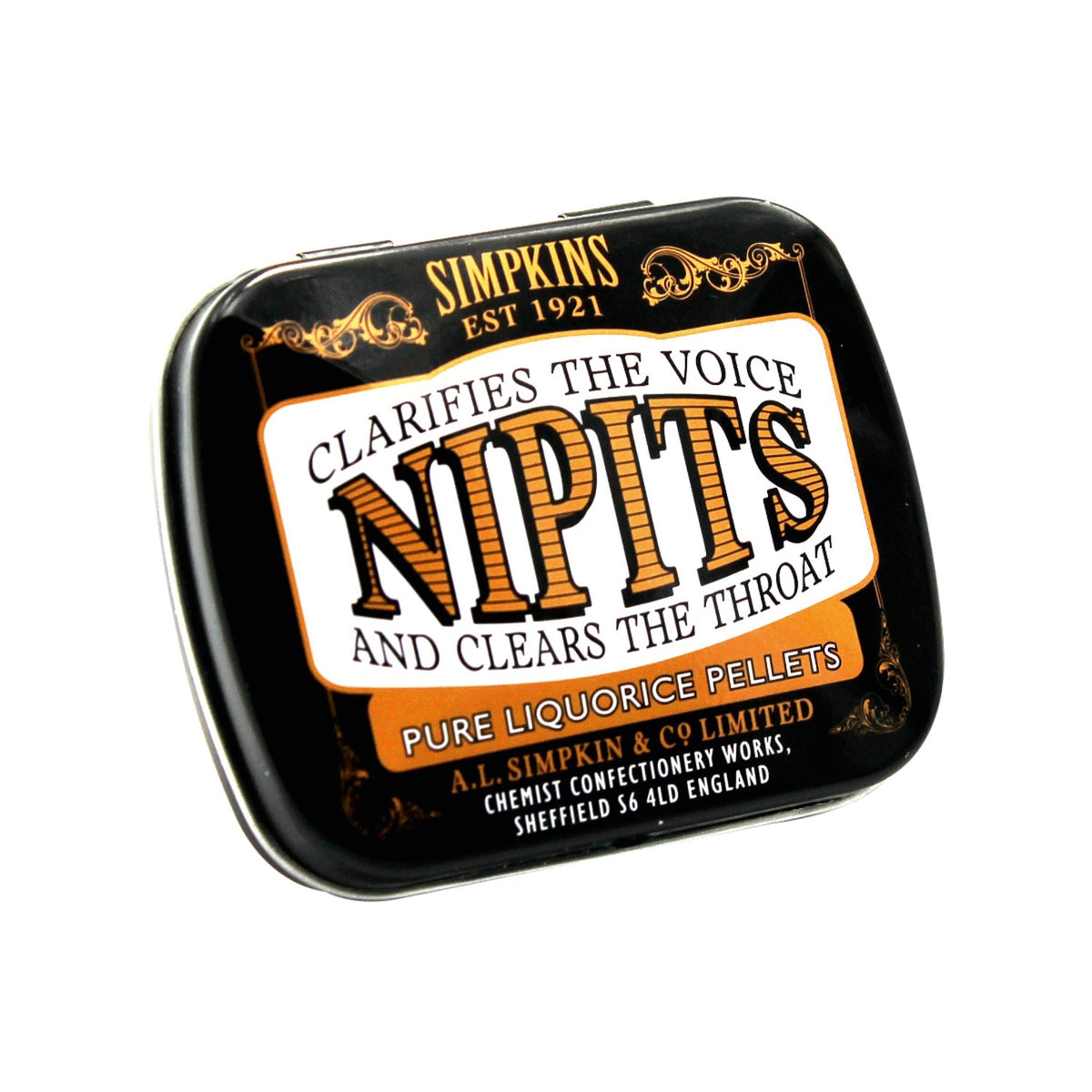 Mini tin of original liquorice flavor Nipit sweets by Jag Couture London New York, featuring colorful candy inside.