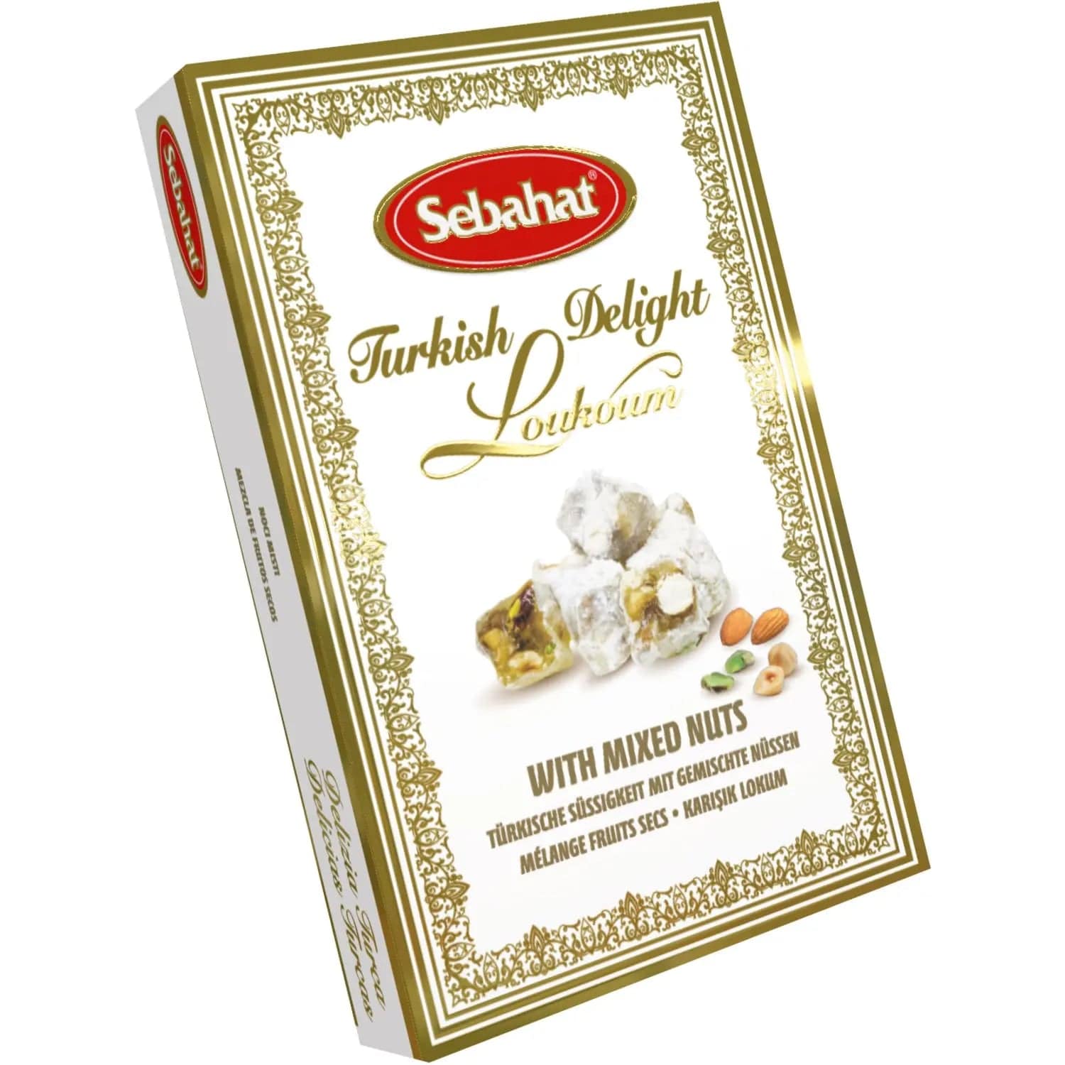 Mixed nut Turkish delight by Jag Couture London in an elegant gift box, showcasing colorful, bite-sized treats with nuts and floral accents.