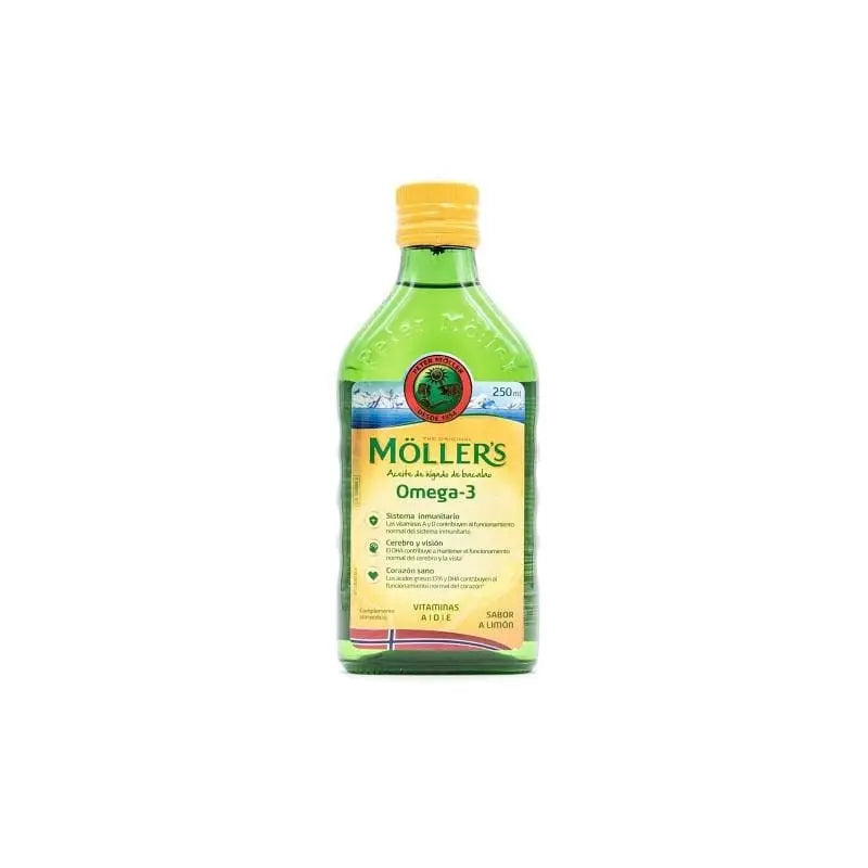 Bottle of Moller’s Lemon Flavored Cod Oil by Jag Couture London New York, 250ml, with lemon and cod oil label on the front.