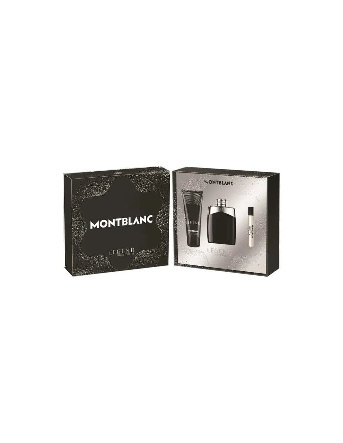 Montblanc Legend Eau de Toilette Spray 100ml set with three pieces, showcasing the iconic fragrance bottles by Jag Couture London New York.