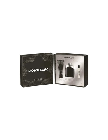 Montblanc Legend Eau de Toilette Spray 100ml set with three pieces, showcasing the iconic fragrance bottles by Jag Couture London New York.
