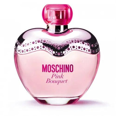 Moschino Pink Bouquet Eau De Toilette spray 100ml with pink floral design and elegant packaging.