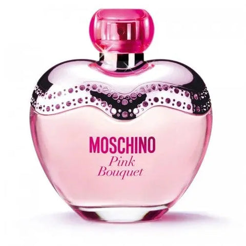 Moschino Pink Bouquet Eau De Toilette spray 50ml bottle with pink floral design, displayed on a neutral background.