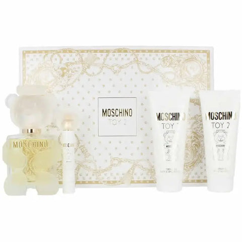 Set of four Moschino Toy 2 Eau De Parfum sprays in 100ml bottles, featuring playful, colorful packaging and designer branding.