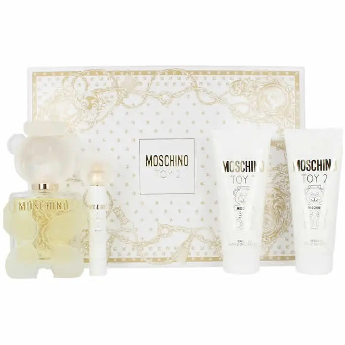Set of four Moschino Toy 2 Eau De Parfum Spray bottles, 100ml, featuring playful, colorful packaging and branding.