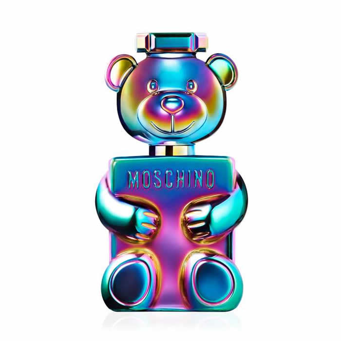 Moschino Toy 2 Pearl Eau de Parfum spray 100ml bottle with playful design and shiny finish, displayed on a neutral background.