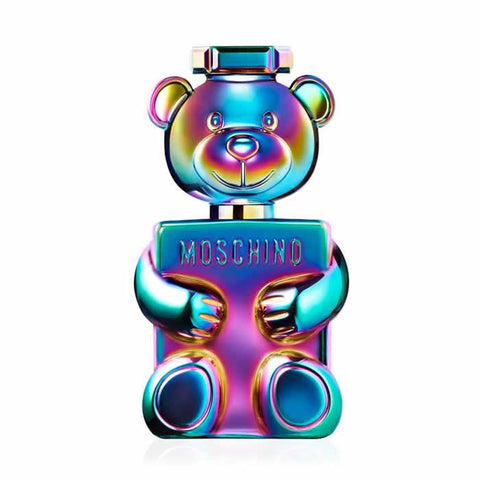 Moschino Toy 2 Pearl Eau de Parfum spray 100ml bottle with playful design and shiny finish, displayed on a neutral background.