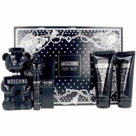 Set of four Moschino Toy Boy Eau de Parfum sprays, 100ml each, featuring the distinctive bottle design with playful, modern packaging.