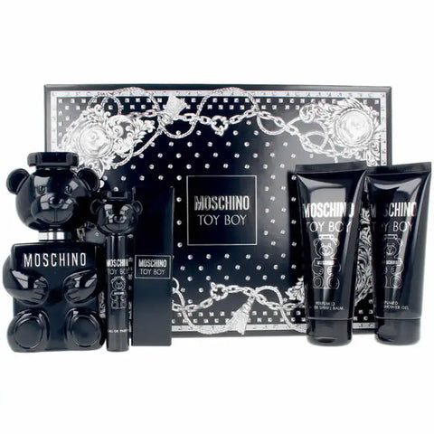 Moschino Toy Boy Eau De Parfum spray 100ml set with four pieces, showcasing the stylish perfume bottles and packaging.