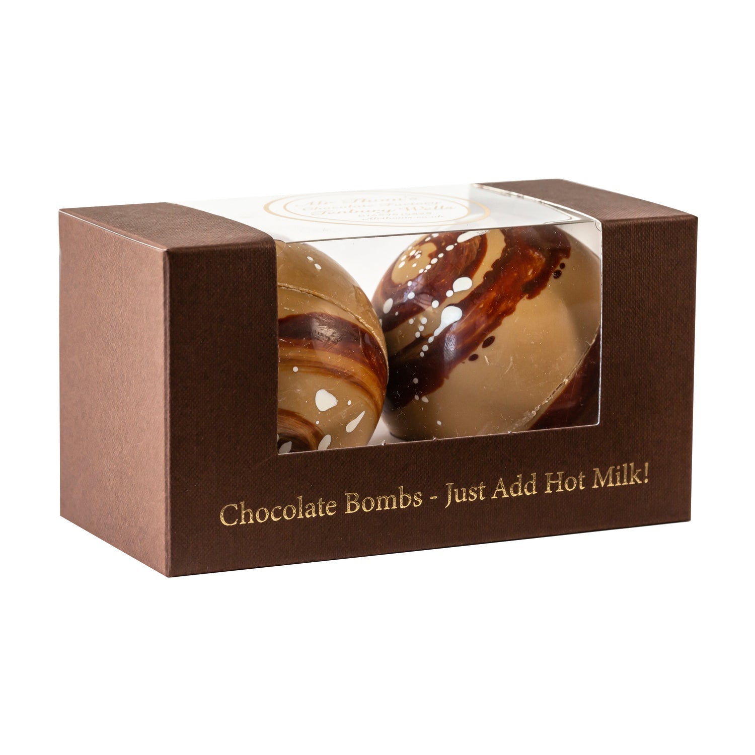 Jag Couture London Mr Thoms duo caramel-flavored milk chocolate bomb in a gift box, displayed with elegant packaging.