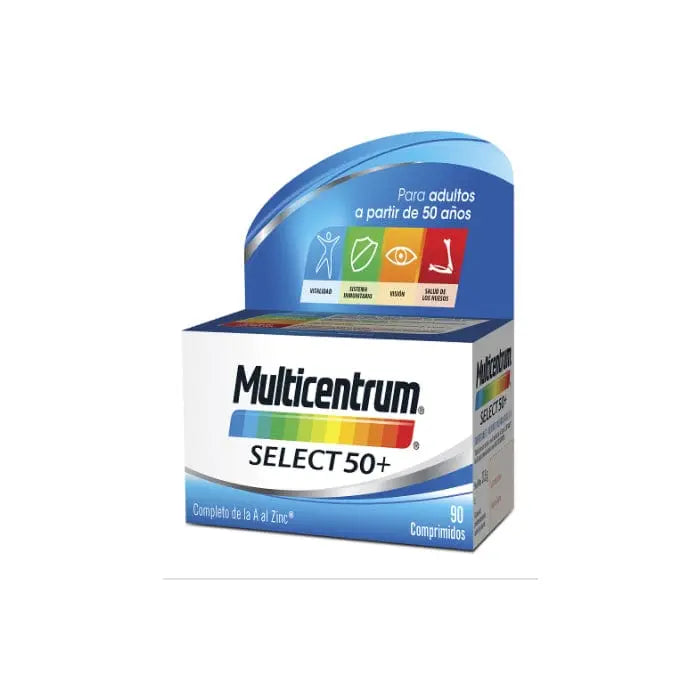 Multicentrum Select 50+ multivitamin tablets in a bottle, designed for adults over 50, by Jag Couture London New York.
