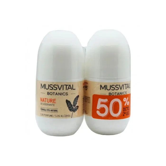 Two units of Mussvital Botanics Deo Nature 75ml set by Jag Couture London and New York, shown in a clear, natural product display.