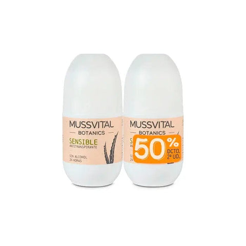 Set of two Mussvital Botanics Deo Sensitive 75ml bottles by Jag Couture London and New York, showing the deodorant bottles side by side.
