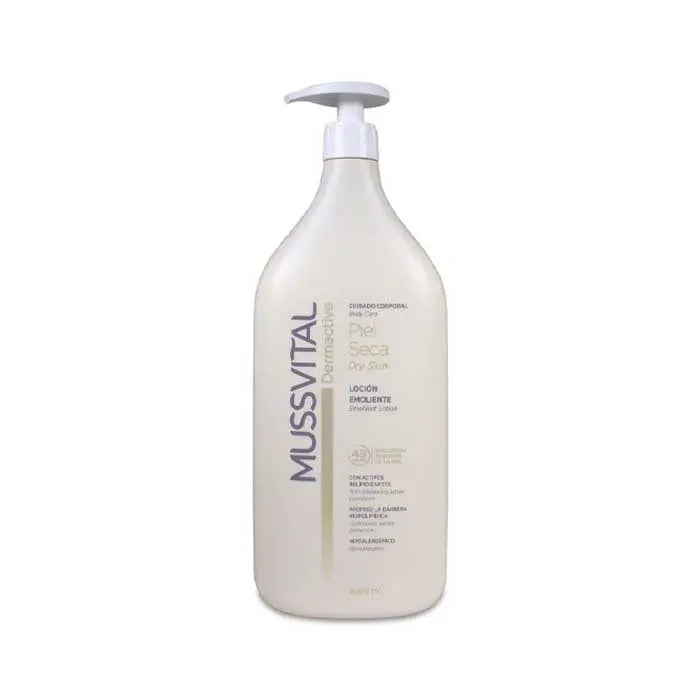 Jag Couture London New York Mussvital Dermoactival Dry Emollient Lotion in 1L bottle, moisturizing and soothing skin.