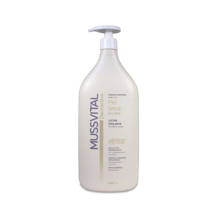 Jag Couture London New York Mussvital Dermoactival Dry Emollient Lotion 1L bottle, moisturizing skincare product with a white pump dispenser.