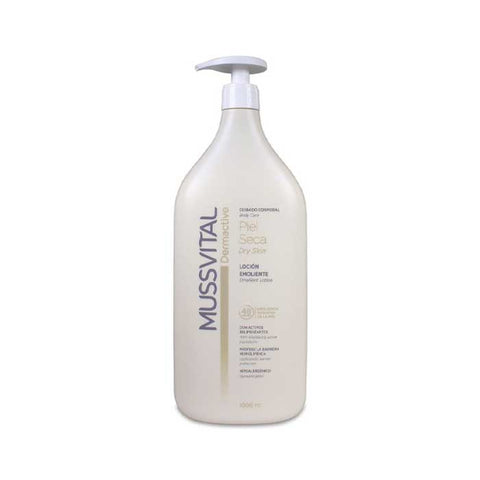 Jag Couture London New York Mussvital Dermoactival Dry Emollient Lotion 1L bottle, moisturizing skincare product with a white pump dispenser.