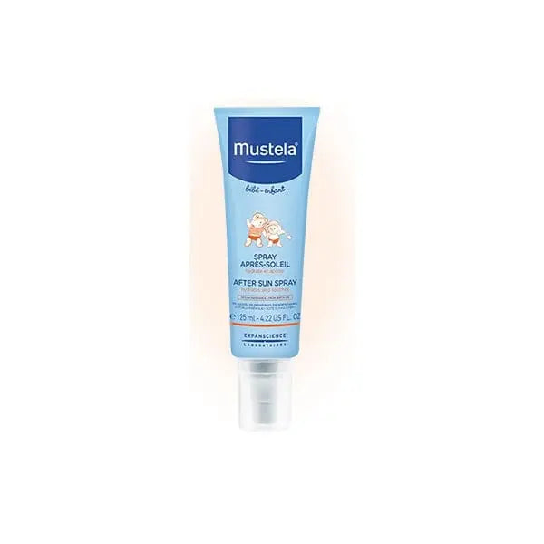 Mustela Baby After Sun Spray in 125ml bottle, with soft spray nozzle, suitable for gentle skin after sun exposure.
