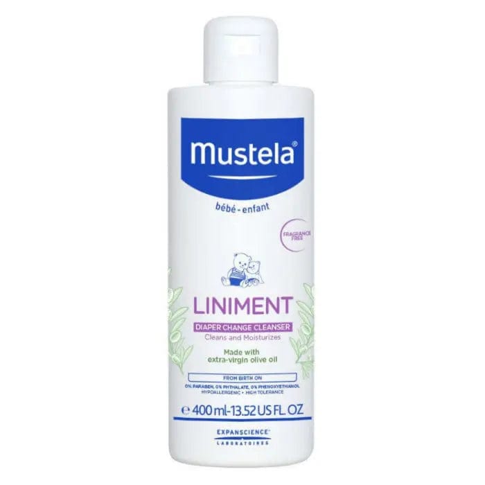 Jag Couture London New York Mustela Baby Liniment 400ml bottle, gentle skincare product for babies in a clear container.