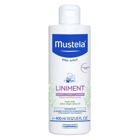 Jag Couture London New York Mustela Baby Liniment 400ml bottle, gentle skincare product for babies in a clear container.