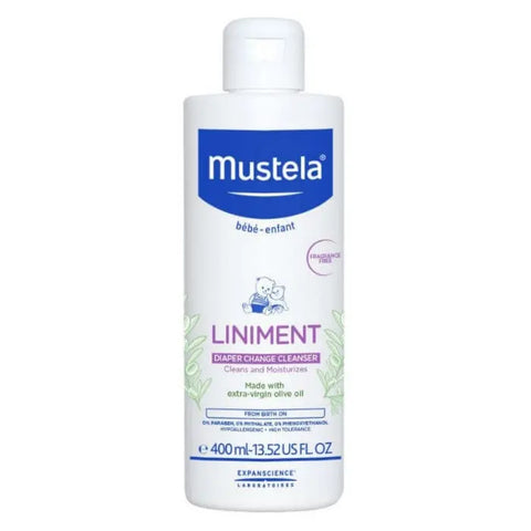 Mustela Baby Liniment 400ml bottle with pump dispenser, designed for gentle skin care and soothing baby skin.