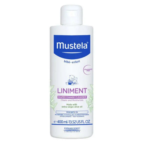 Mustela baby liniment in a 400ml bottle, featuring gentle skincare for infants, by Jag Couture London New York.