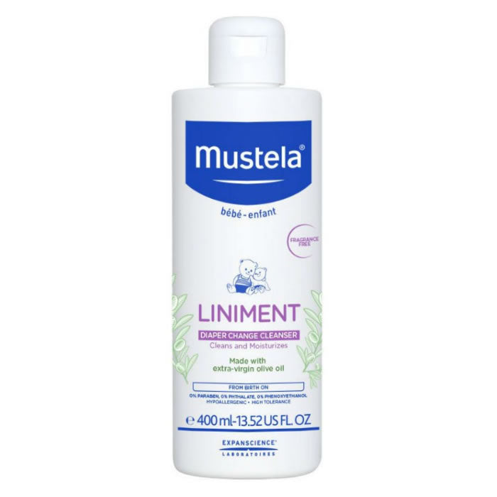 Jag Couture London New York Mustela Baby Liniment 400ml bottle, gentle baby skincare product with a white and blue label.