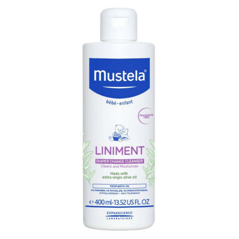 Jag Couture London New York Mustela Baby Liniment 400ml bottle, gentle baby skincare product with a white and blue label.