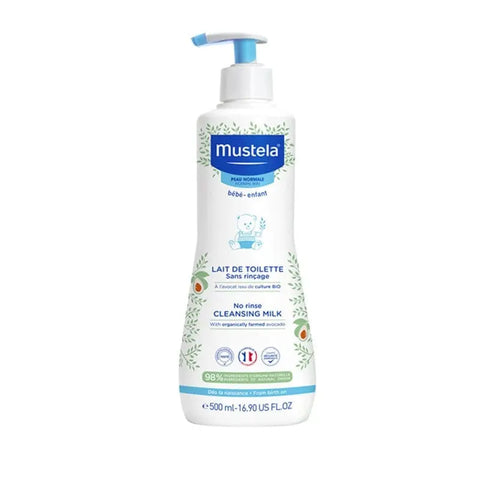 Mustela Cleansing Lotion 500ml by Jag Couture London New York, shown in a clear bottle with a white pump dispenser.