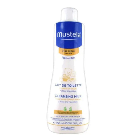 Mustela Cleansing Milk for dry skin in 750ml bottle, suitable for gentle skincare, by Jag Couture London New York.