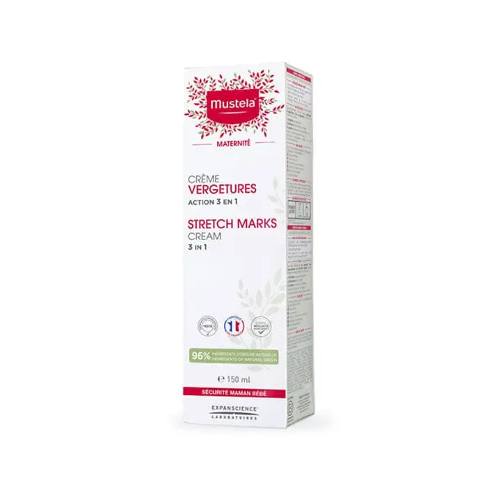 Mustela 3-in-1 Prevention Stretch Marks Cream in 150ml jar, with a smooth cream texture for skin care.