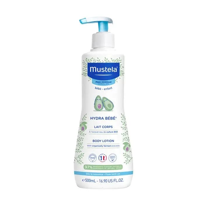 Mustela Hydra Baby Body moisturizer in 500ml bottle, featuring soft, gentle formula for delicate baby skin, branded by Jag Couture London-New York