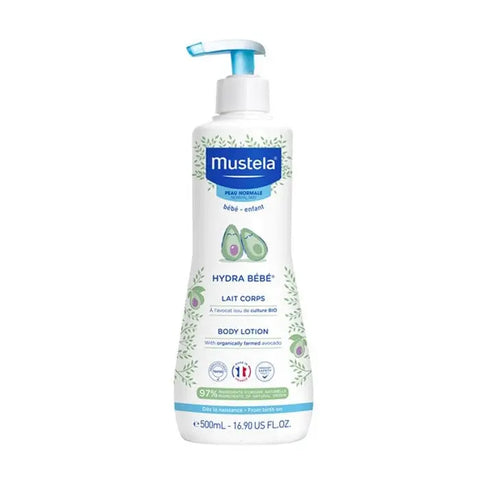 Mustela Hydra Baby Body lotion in a 500ml bottle, featuring a gentle, hydrating formula for delicate baby skin.