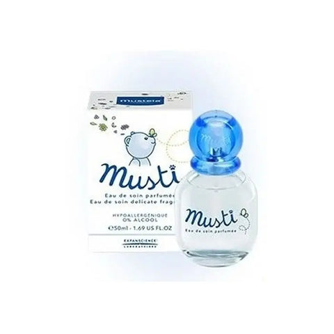 Mustela Musti Eau De Soin delicate fragrance 50ml bottle with floral design, shown on a plain background.
