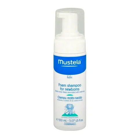 Mustela newborn shampoo in 150ml bottle with gentle formula, displayed with branding from Jag Couture London New York.