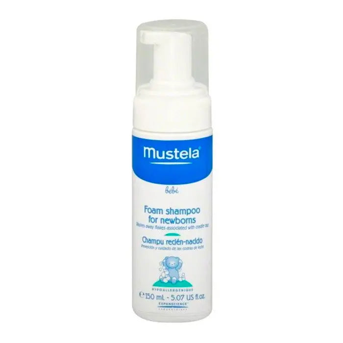 Mustela newborn shampoo bottle in 150ml size, displayed with packaging from Jag Couture London New York collection.