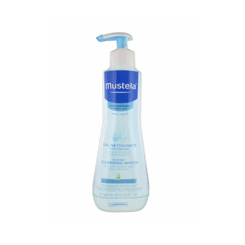 Mustela no-rinse cleansing water in a 300ml bottle, used for gentle skin cleansing, displayed by Jag Couture London New York.
