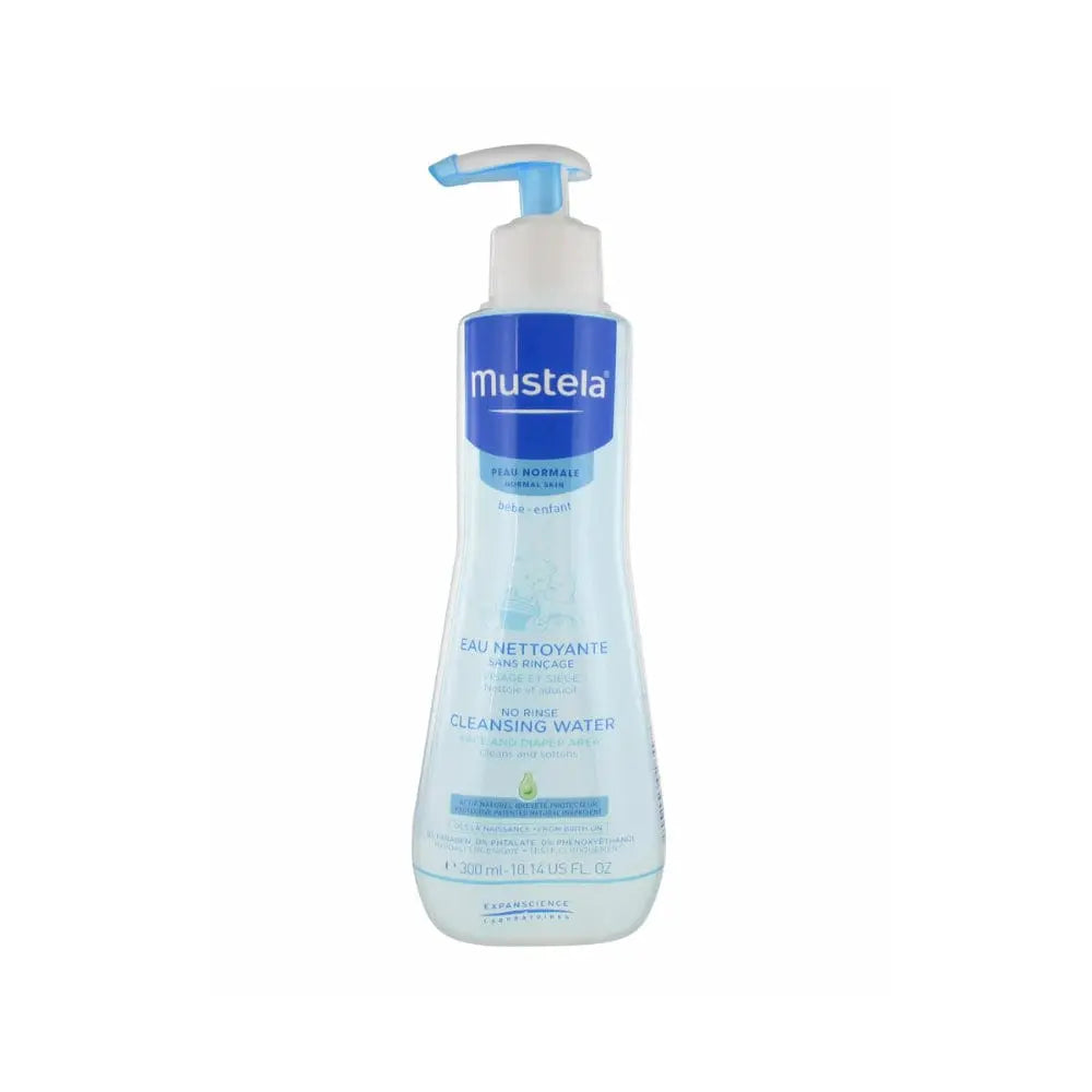 Mustela No-Rinse Cleansing Water 300ml bottle, used for gentle skin cleansing, with branding from Jag Couture London New York.