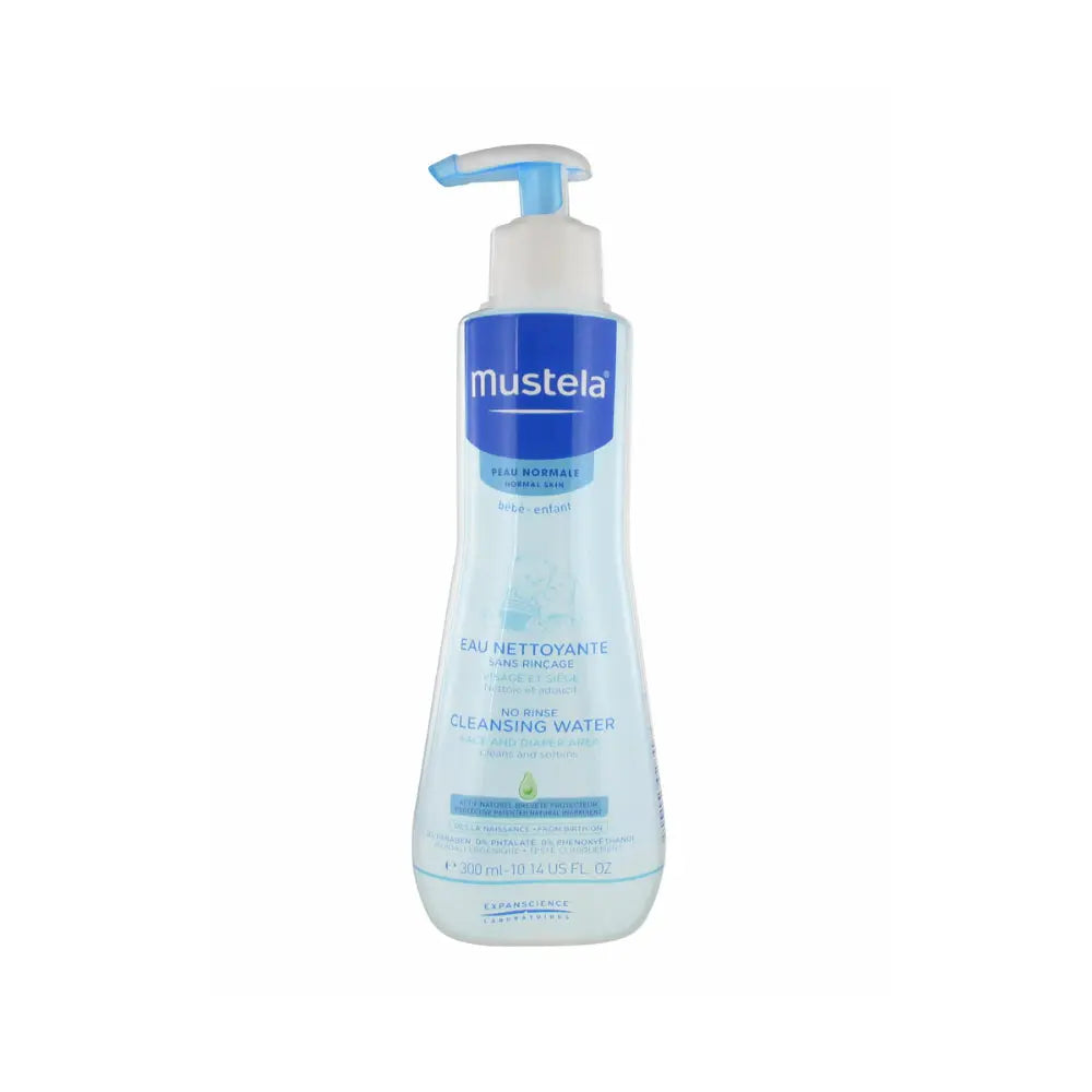 Mustela No-Rinse Cleansing Water 300ml bottle, gentle baby skincare product by Jag Couture London New York, with clear label and cap.