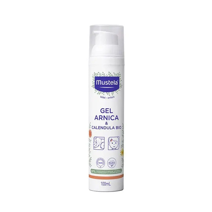 Mustela Organic Arnica and Calendula Gel in 100ml tube, displayed with natural ingredients and brand packaging.