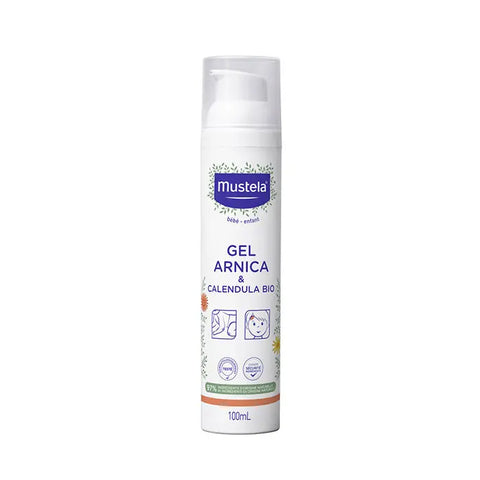 Mustela Organic Arnica and Calendula Gel in 100ml tube, showcasing the product with packaging and branding from Jag Couture London New York